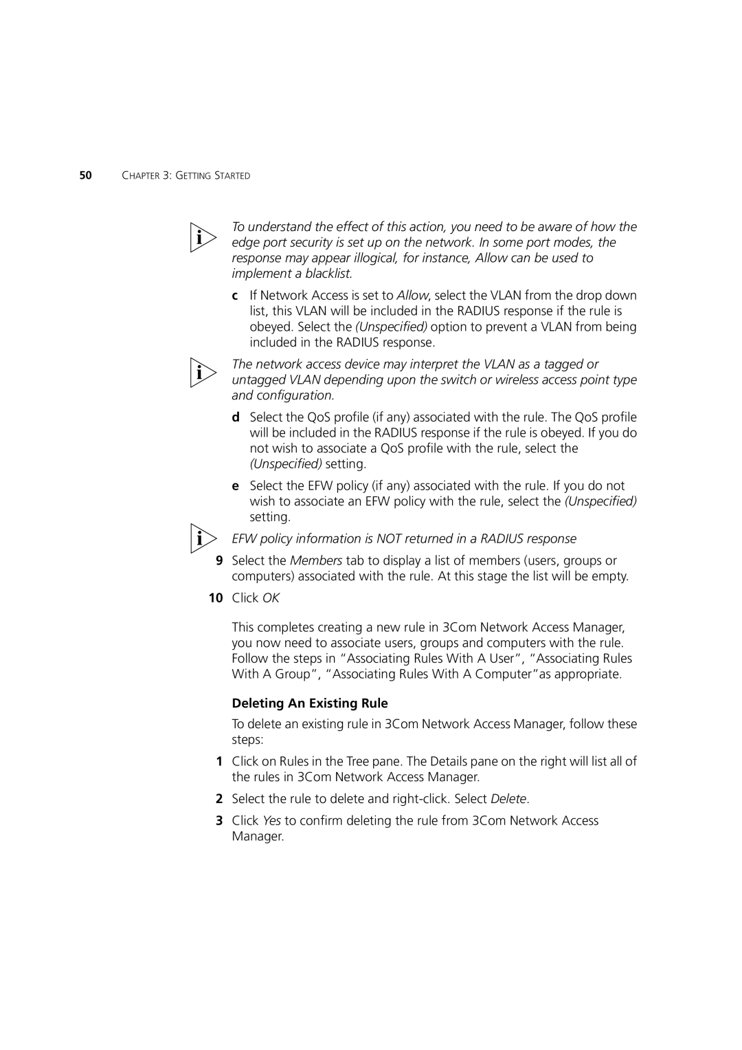 3Com DUA1550-0AAA02 manual EFW policy information is not returned in a Radius response, Deleting An Existing Rule 