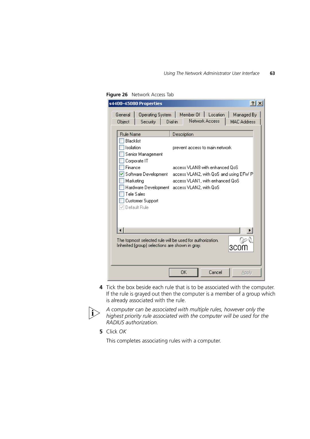 3Com DUA1550-0AAA02 manual Click OK This completes associating rules with a computer 