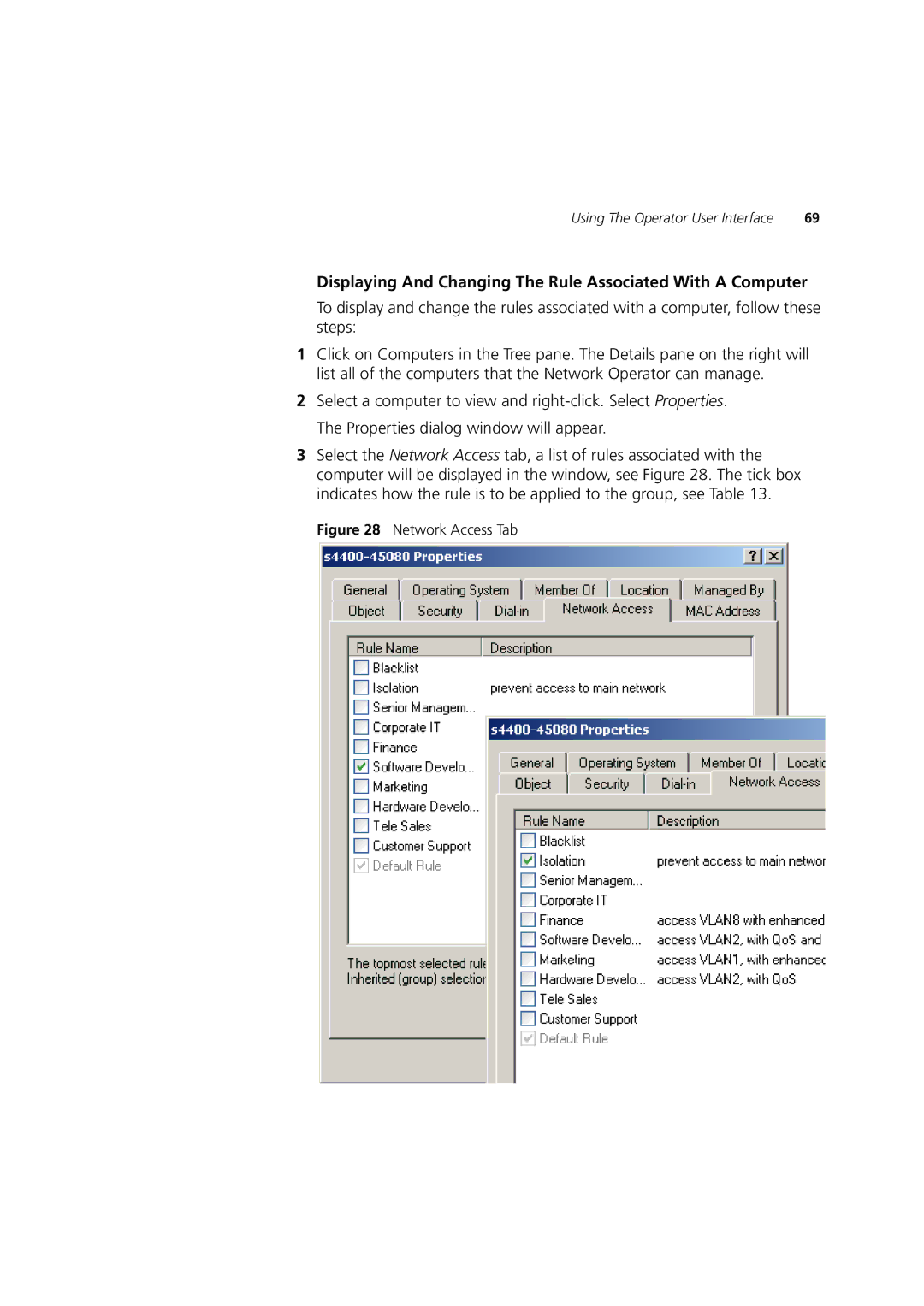 3Com DUA1550-0AAA02 manual Displaying And Changing The Rule Associated With a Computer, Network Access Tab 