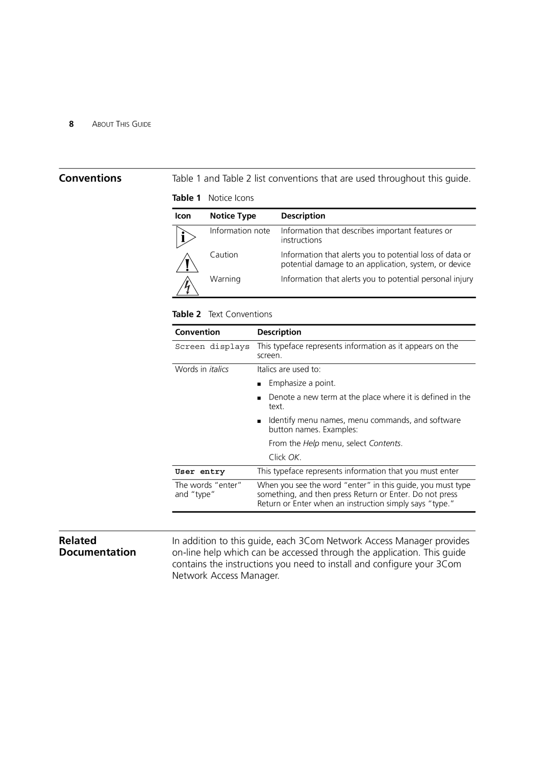 3Com DUA1550-0AAA02 manual Related, Documentation, Icon Description, Convention Description 