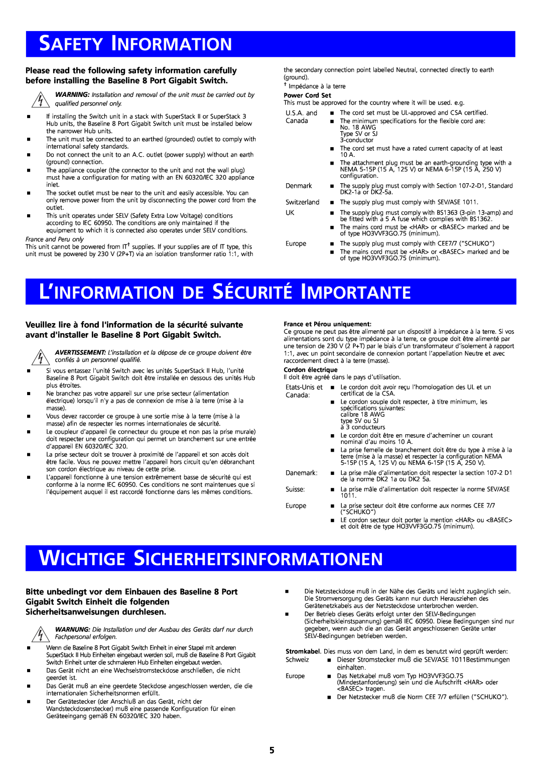 3Com DUA1647-7AAA01 manual Safety Information, L’Information De Sécurité Importante, Wichtige Sicherheitsinformationen 