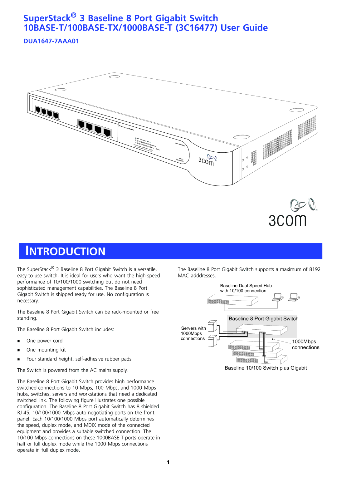 3Com DUA1647-7AAA01 manual Introduction 