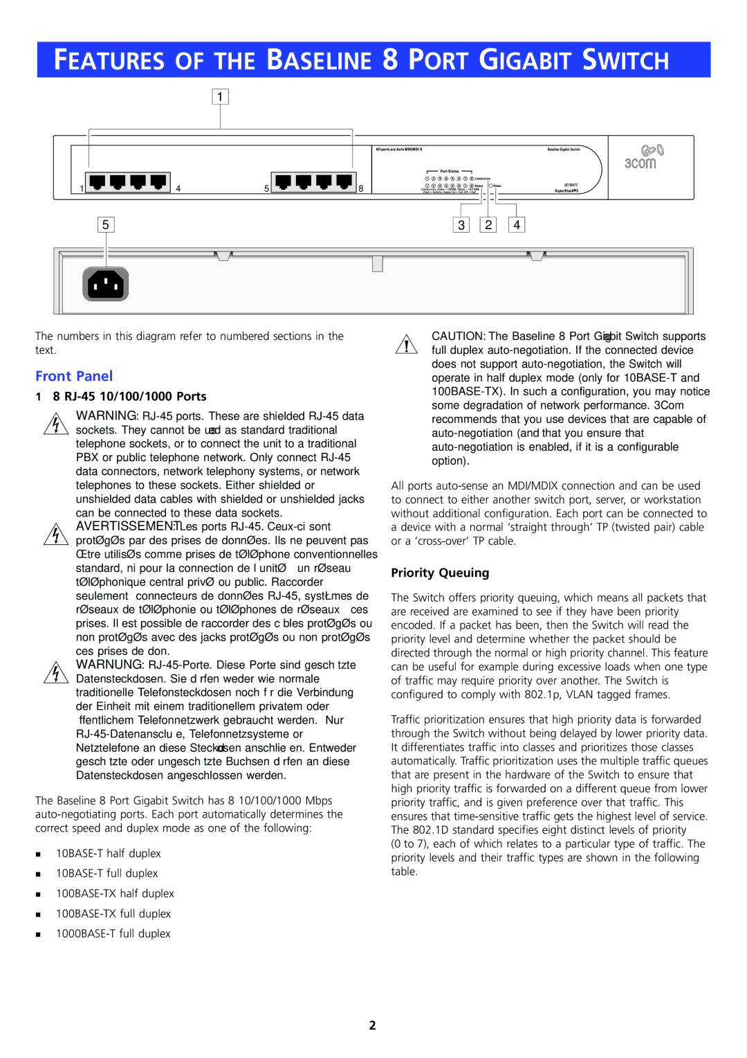 3Com DUA1647-7AAA01 Features of the Baseline 8 Port Gigabit Switch, Front Panel, RJ-45 10/100/1000 Ports, Priority Queuing 