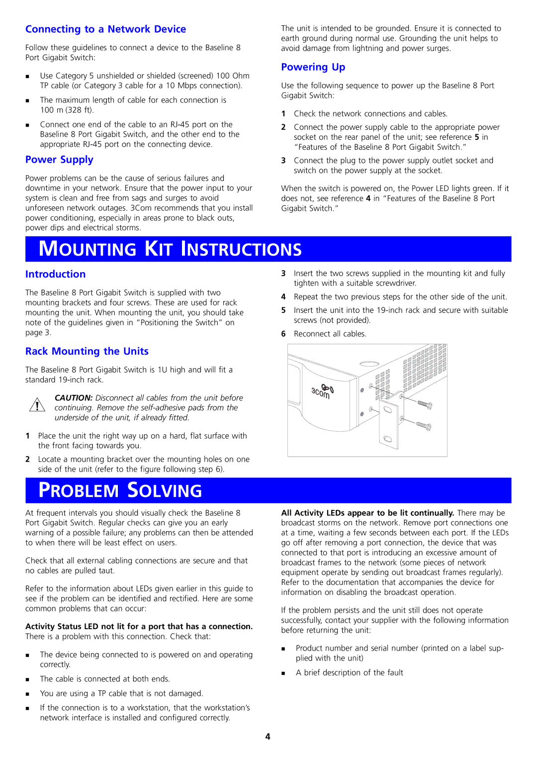 3Com DUA1647-7AAA01 manual Mounting KIT Instructions, Problem Solving 