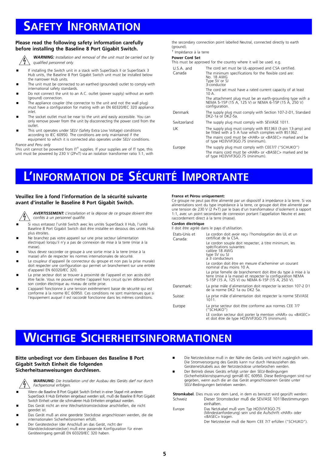 3Com DUA1647-7AAA01 manual Safety Information, ’INFORMATION DE Sécurité Importante, Wichtige Sicherheitsinformationen 