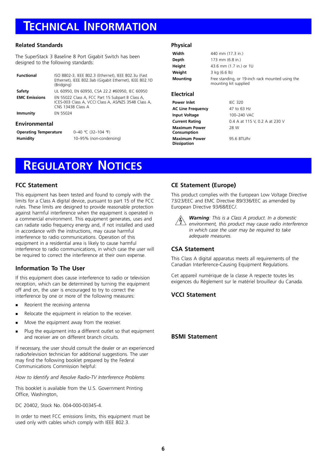 3Com DUA1647-7AAA01 manual Technical Information, Regulatory Notices 