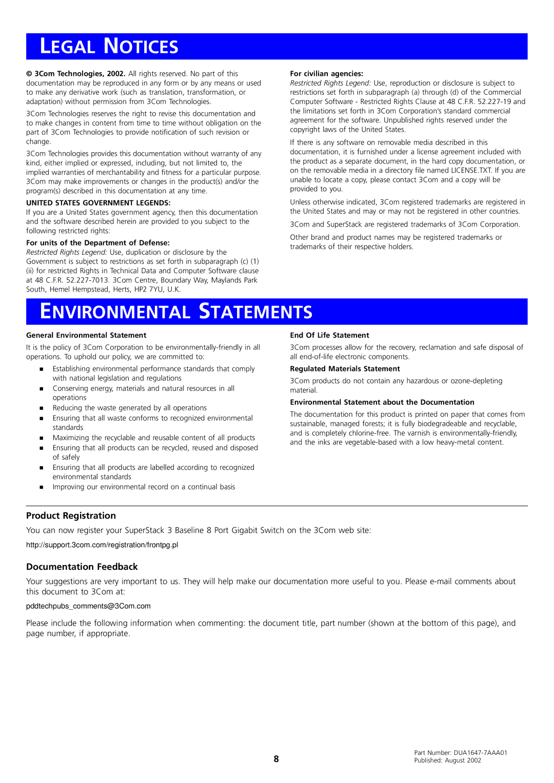 3Com DUA1647-7AAA01 manual Legal Notices, Environmental Statements, Product Registration, Documentation Feedback 