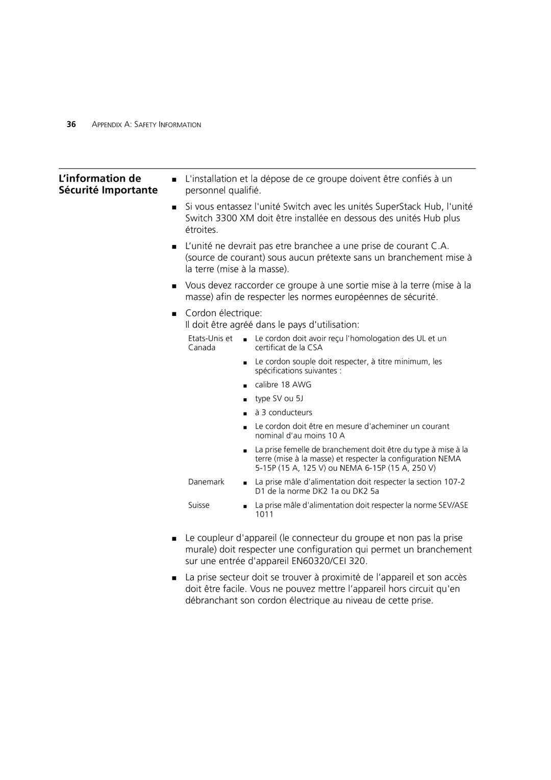 3Com DUA1698 manual ’information de, Sécurité Importante 