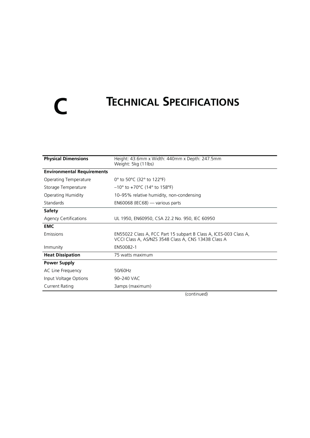 3Com DUA1698 manual Physical Dimensions, Environmental Requirements, Safety, Heat Dissipation, Power Supply 