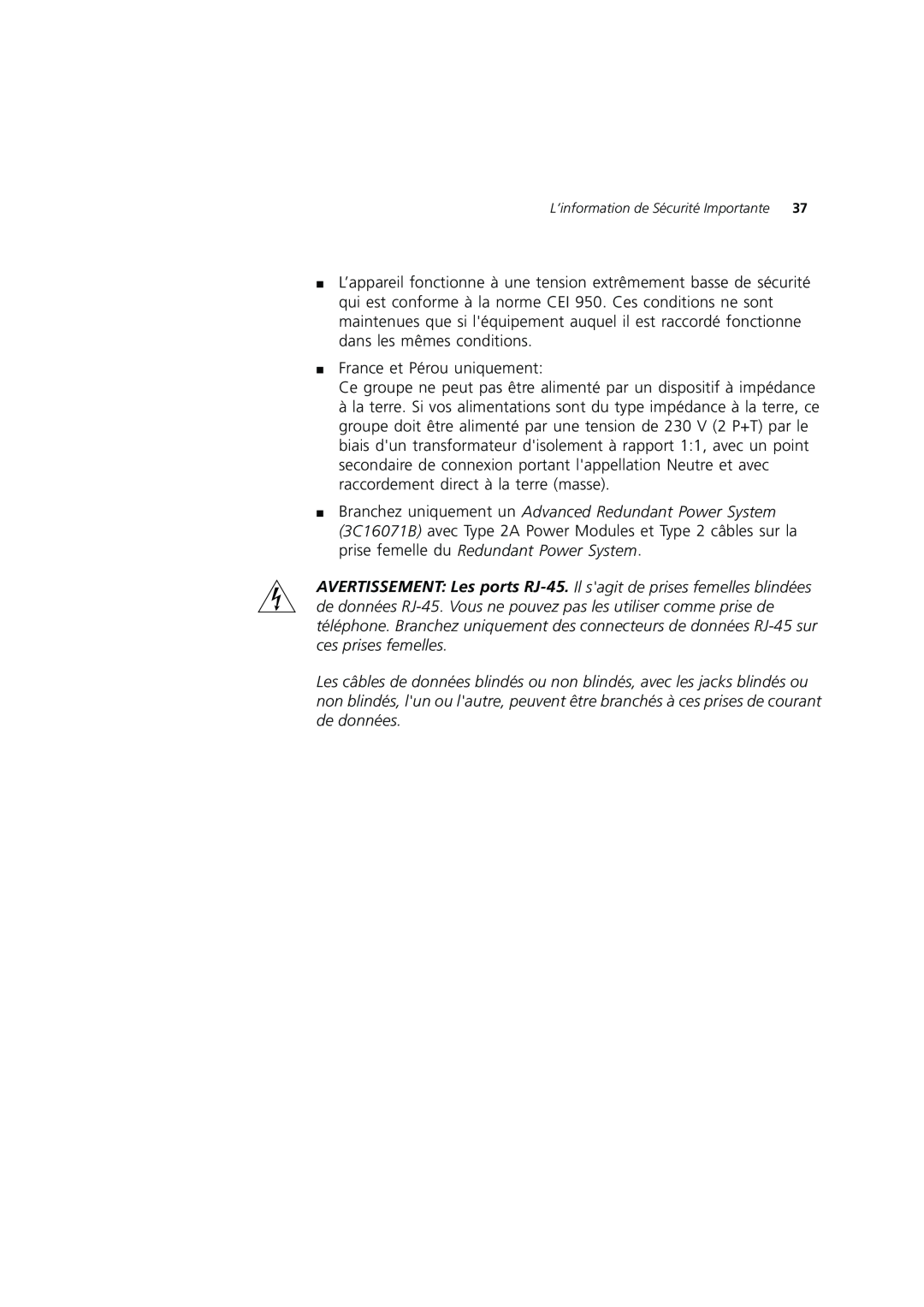 3Com DUA1698 manual France et Pérou uniquement, L’information de Sécurité Importante 