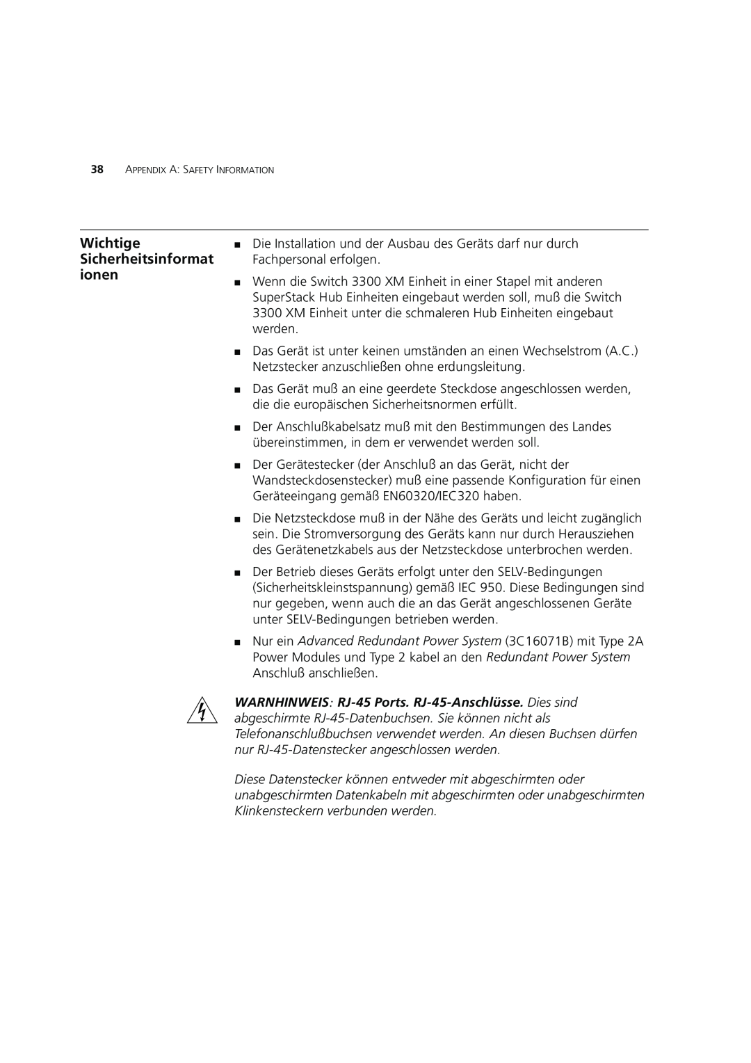 3Com DUA1698 manual Wichtige Sicherheitsinformat ionen, Appendix A Safety Information 