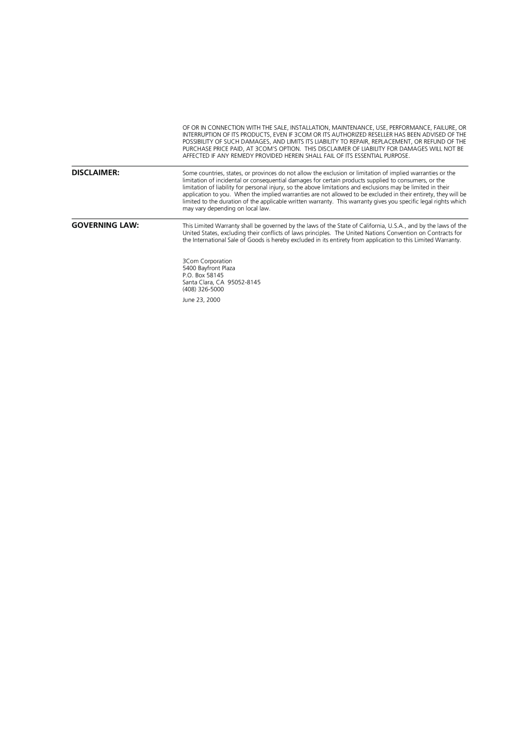 3Com DUA1698 manual Disclaimer, Governing Law 