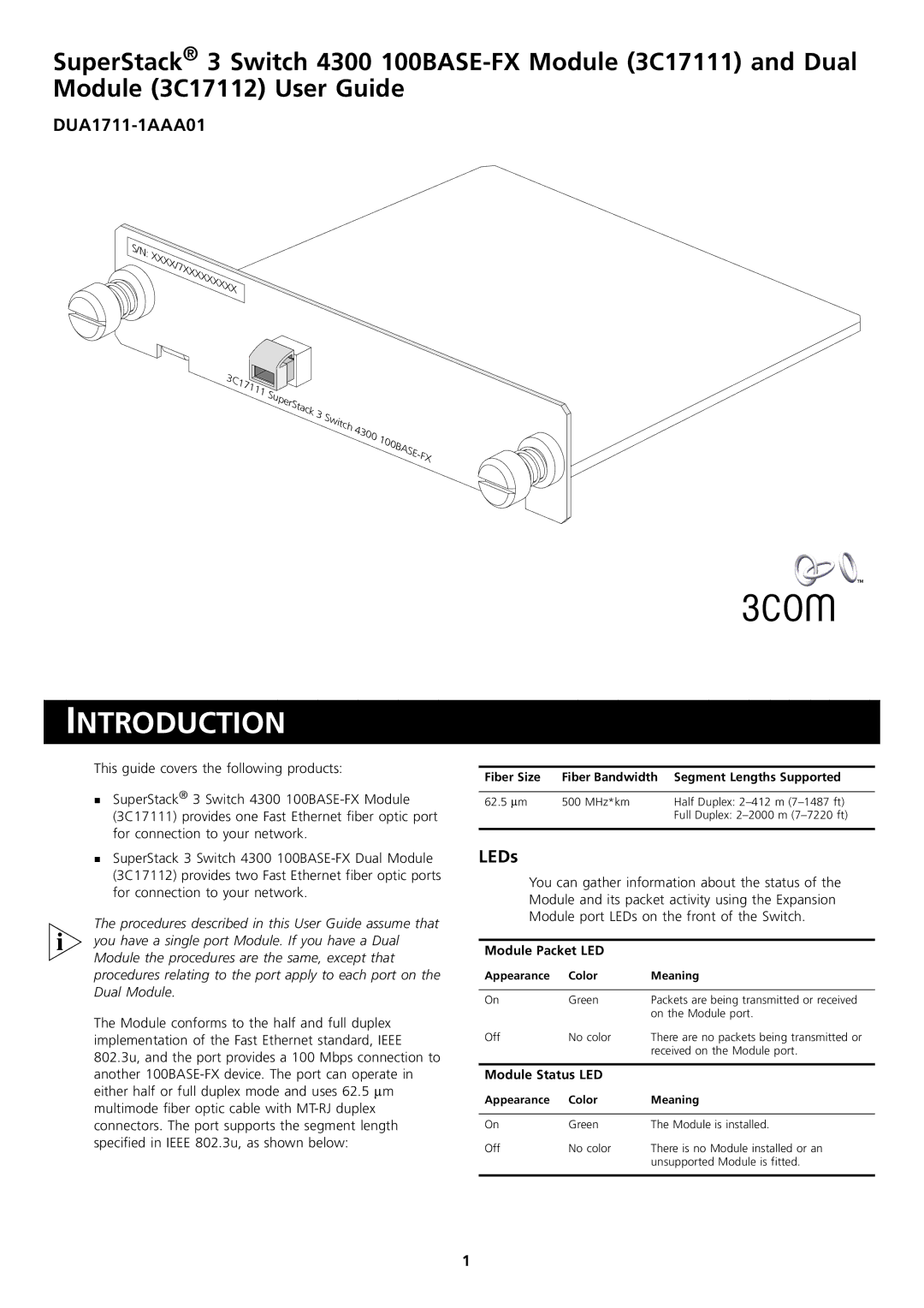 3Com DUA1711-1AAA01 manual Introduction, LEDs, His guide covers the following products 