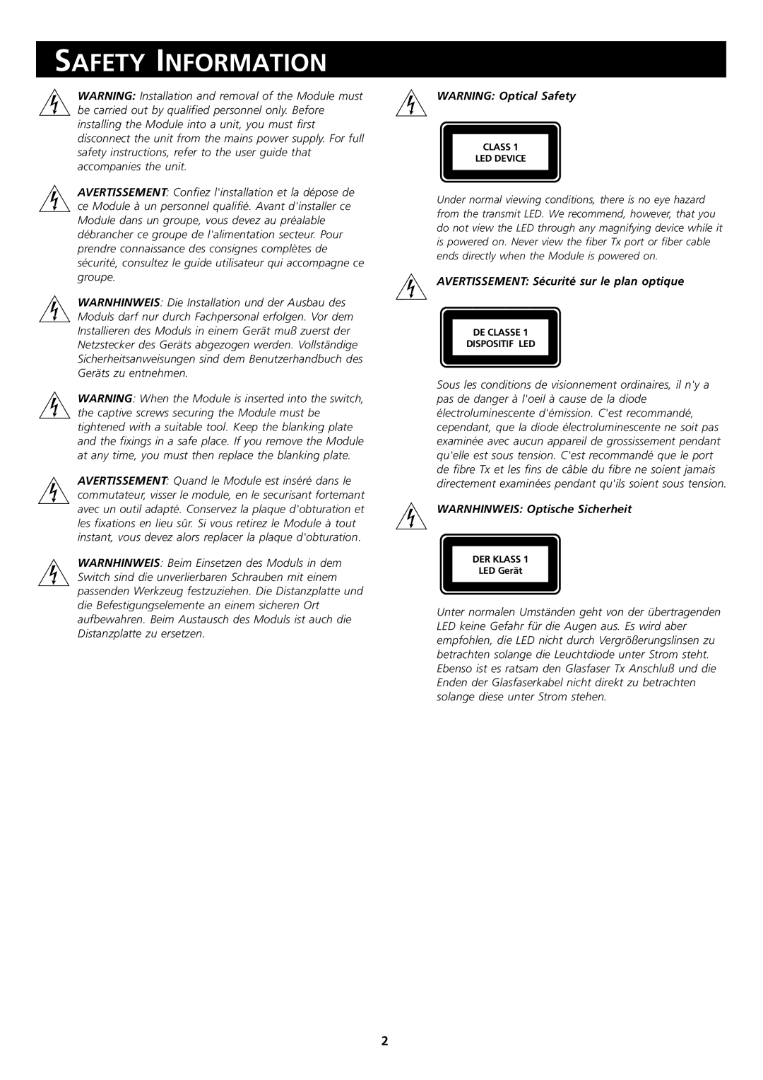 3Com DUA1711-1AAA01 manual Safety Information, Avertissement Sécurité sur le plan optique 