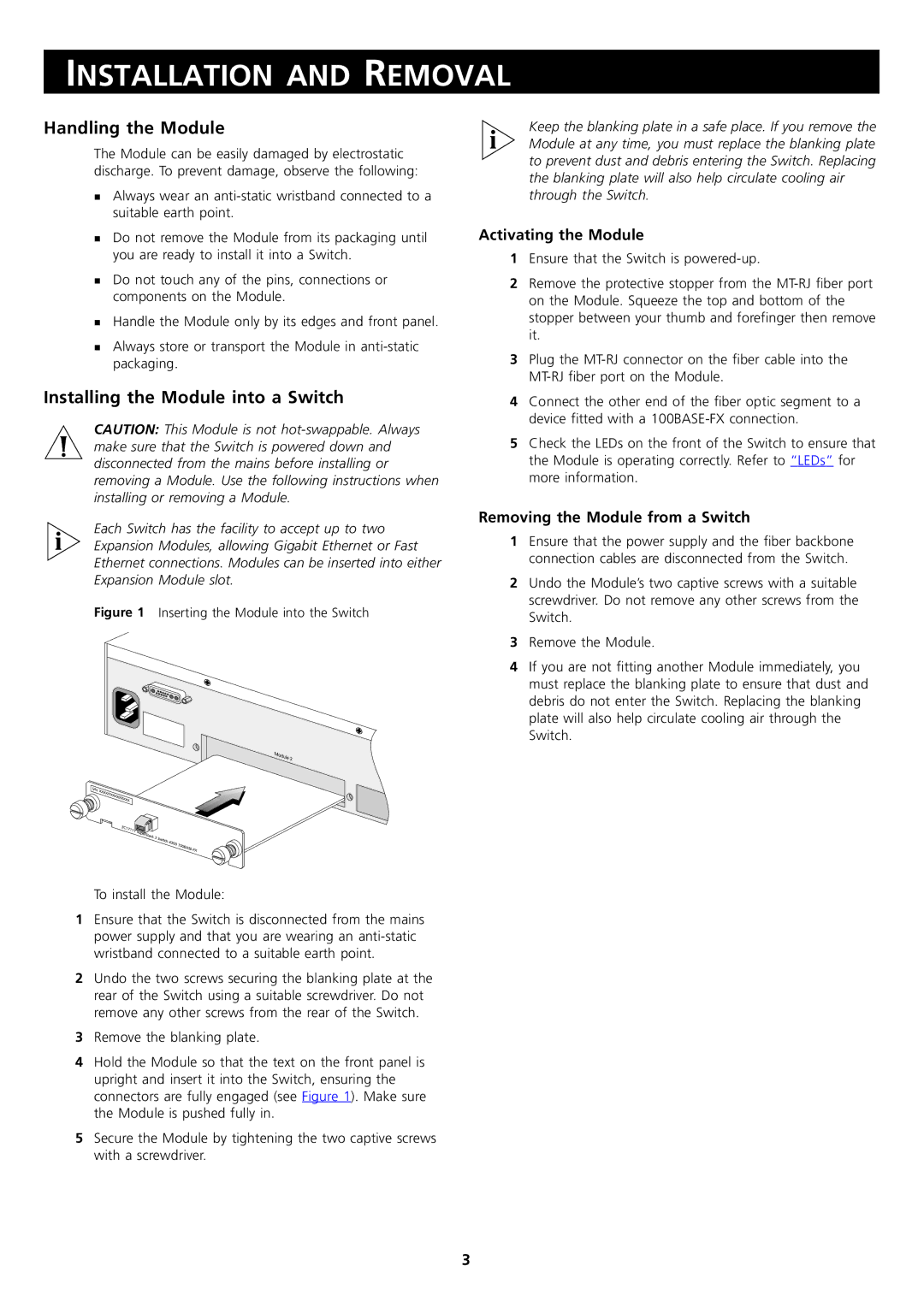 3Com DUA1711-1AAA01 manual Installation and Removal, Handling the Module, Installing the Module into a Switch 