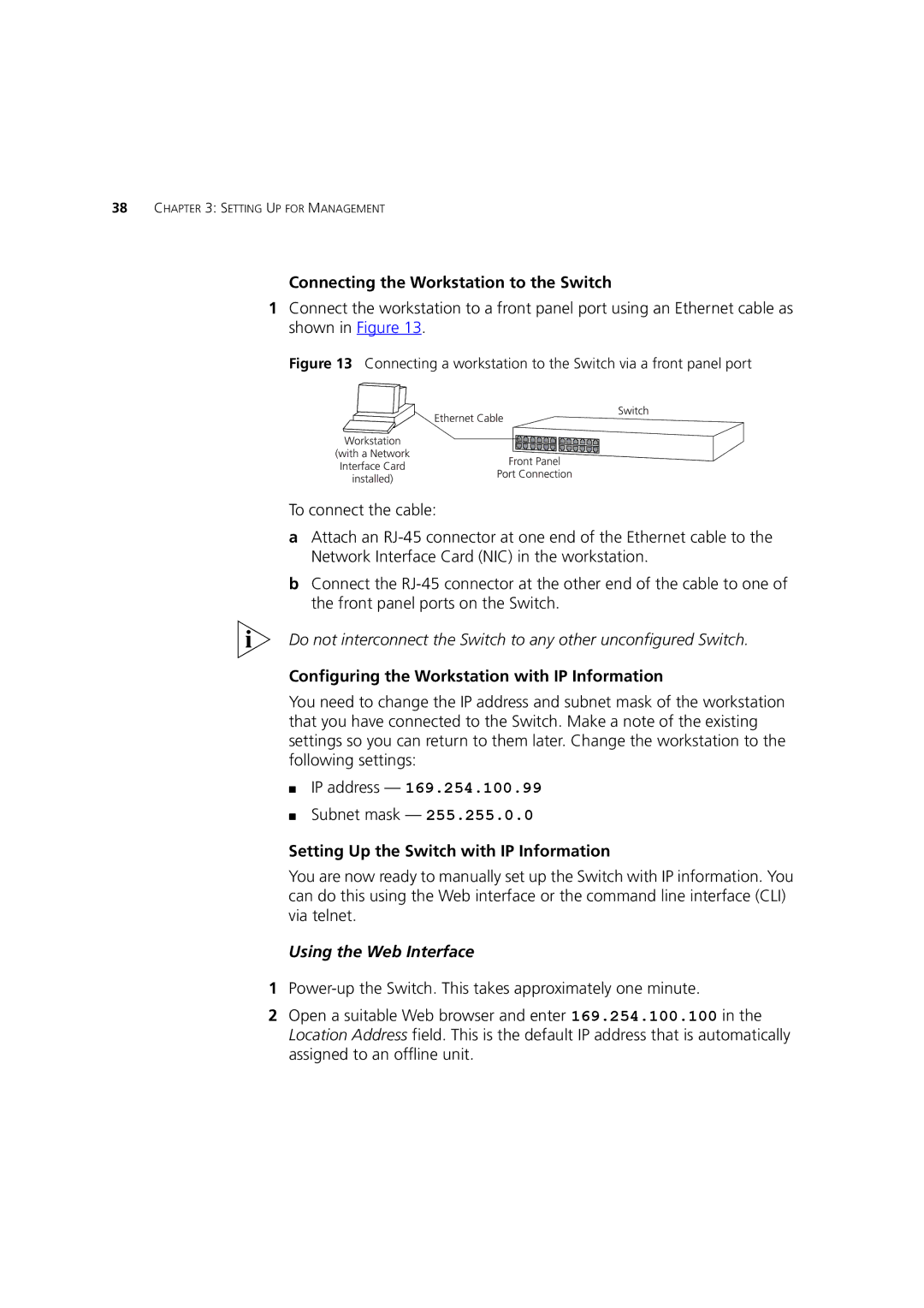 3Com DUA1770-0AAA04 manual Connecting the Workstation to the Switch, Configuring the Workstation with IP Information 