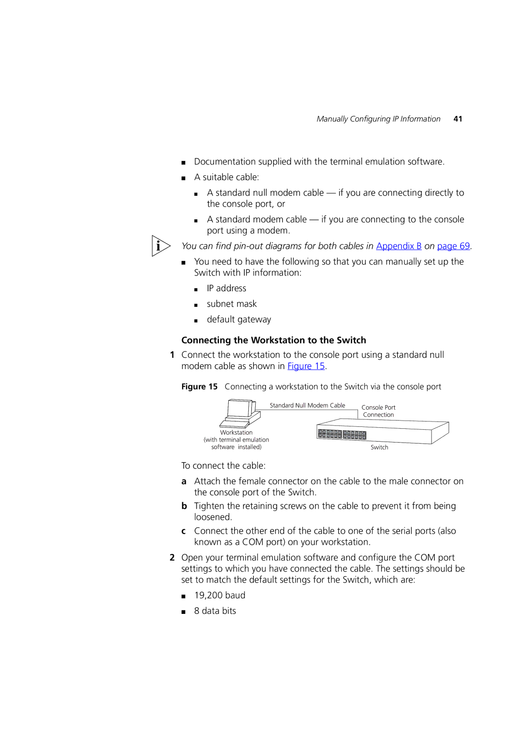 3Com DUA1770-0AAA04 manual 19,200 baud Data bits, Connecting a workstation to the Switch via the console port 