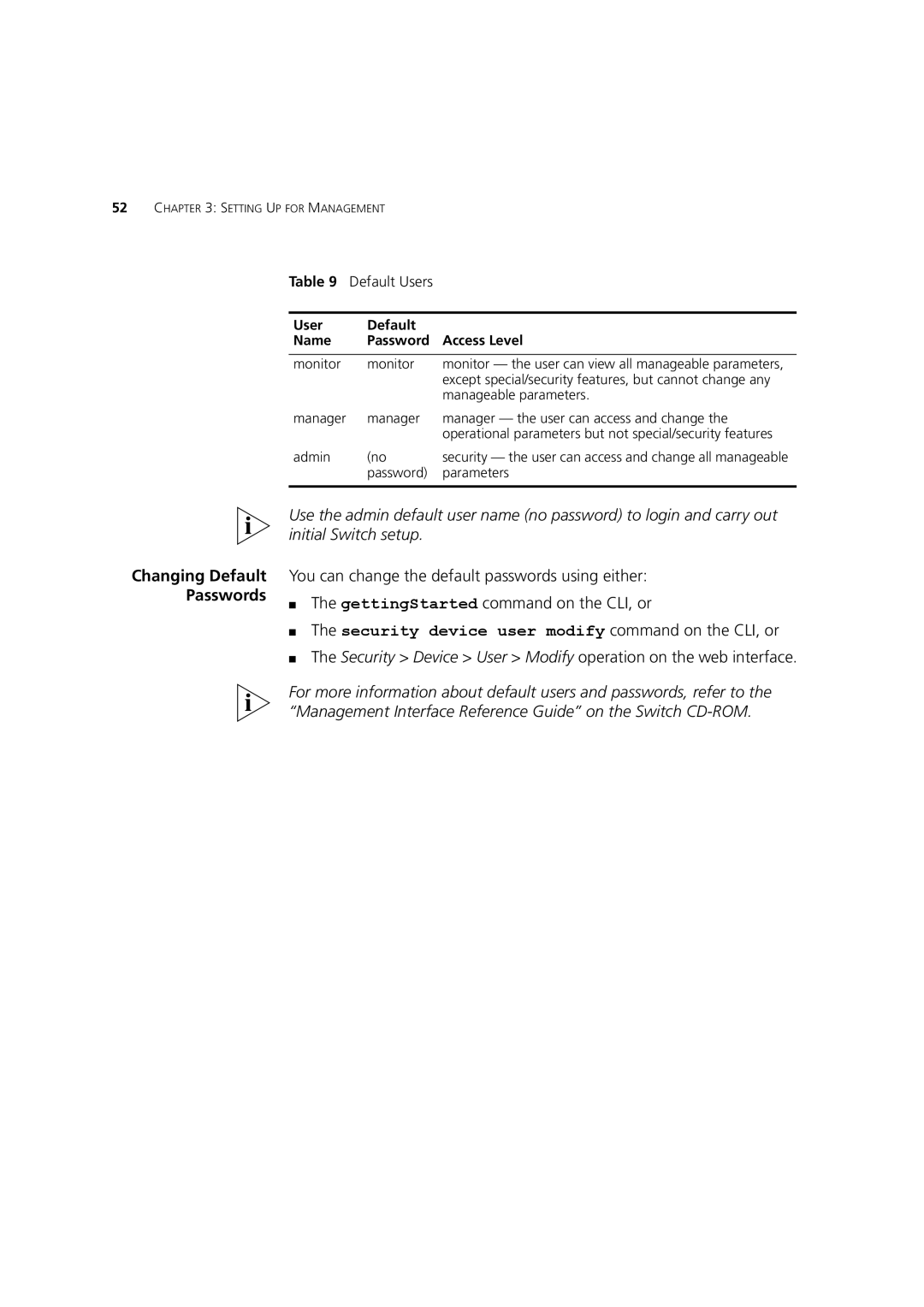 3Com DUA1770-0AAA04 Security Device User Modify operation on the web interface, User Default Name Password Access Level 