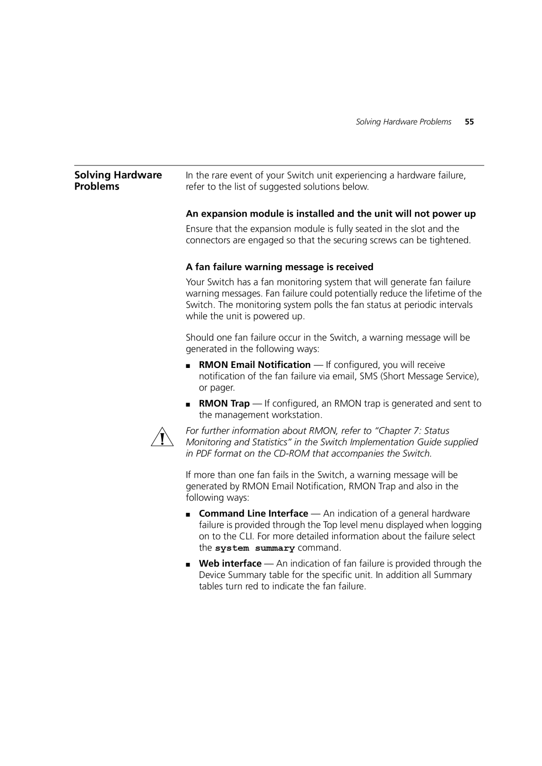 3Com DUA1770-0AAA04 manual Solving Hardware, Problems, Fan failure warning message is received 