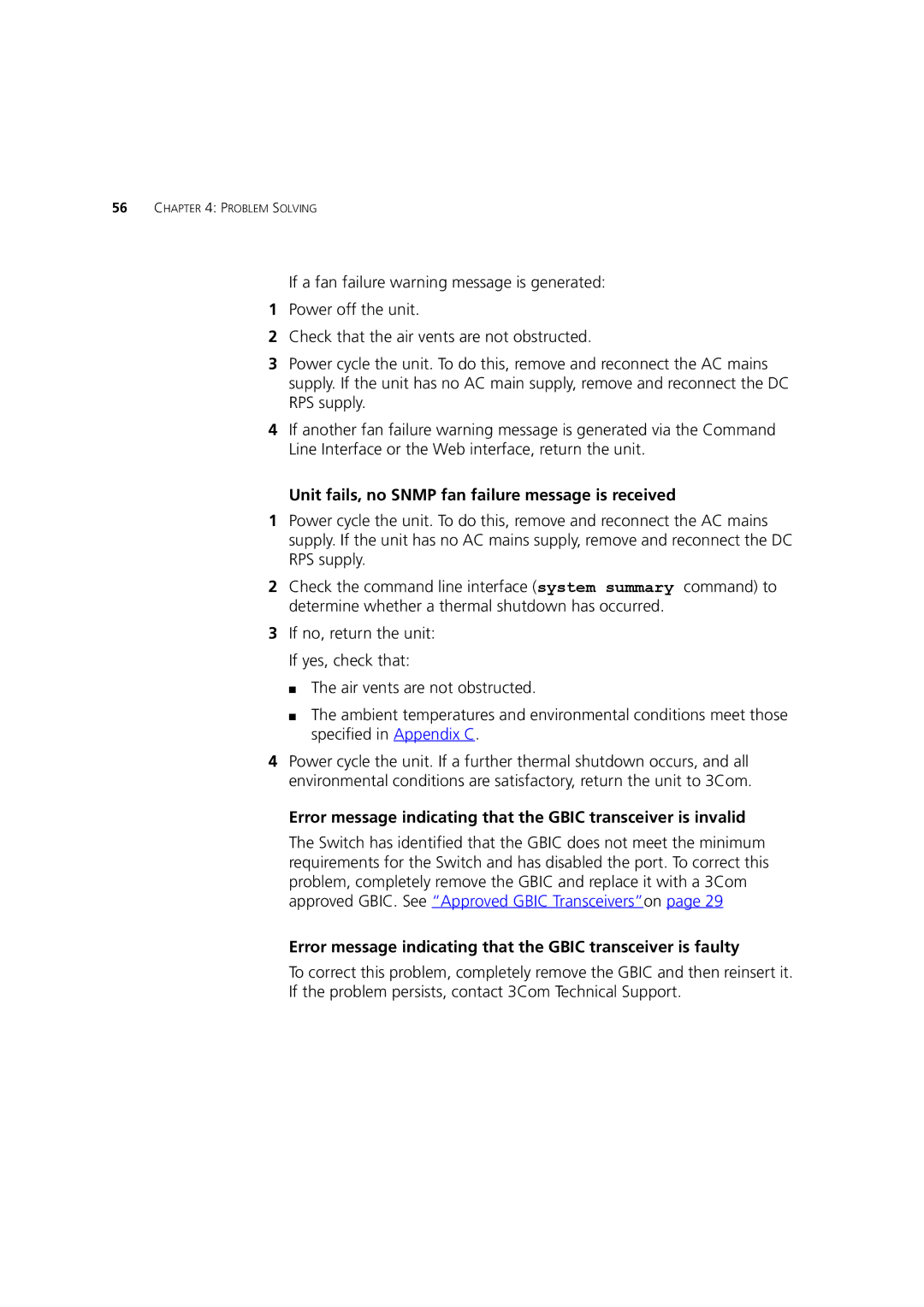 3Com DUA1770-0AAA04 manual Unit fails, no Snmp fan failure message is received 