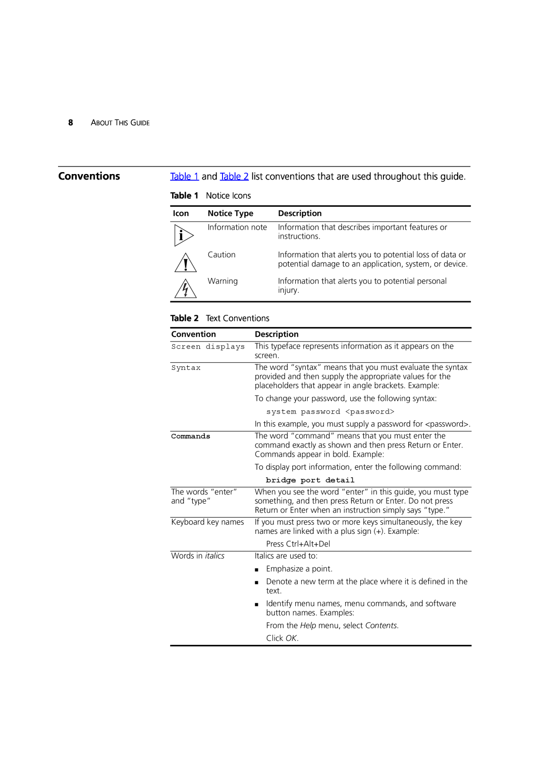 3Com DUA1770-0AAA04 manual Notice Icons, Text Conventions, Commands, bridge port detail 