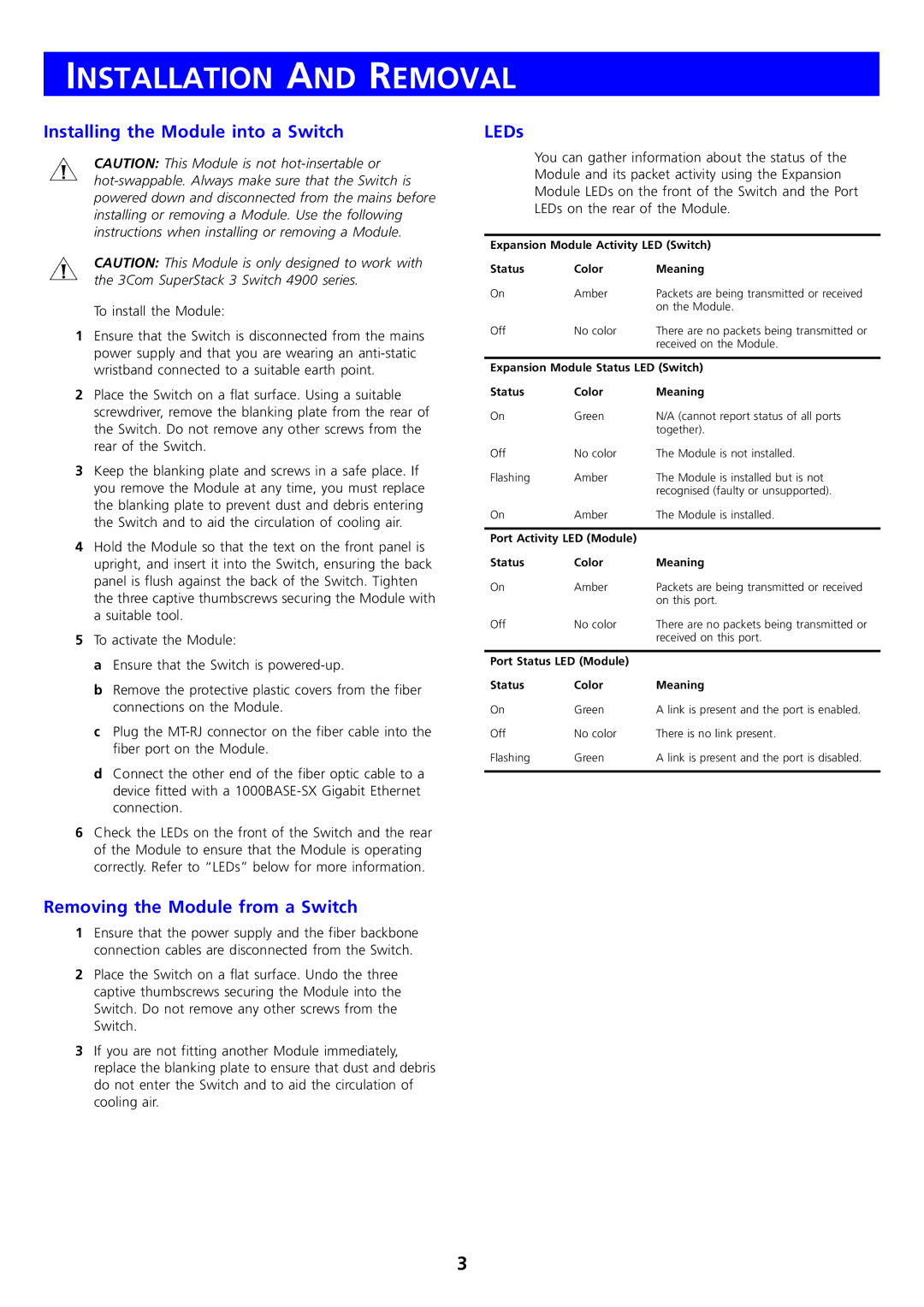 3Com DUA1771-0AAA01 Installing the Module into a Switch, Removing the Module from a Switch, LEDs, To install the Module 