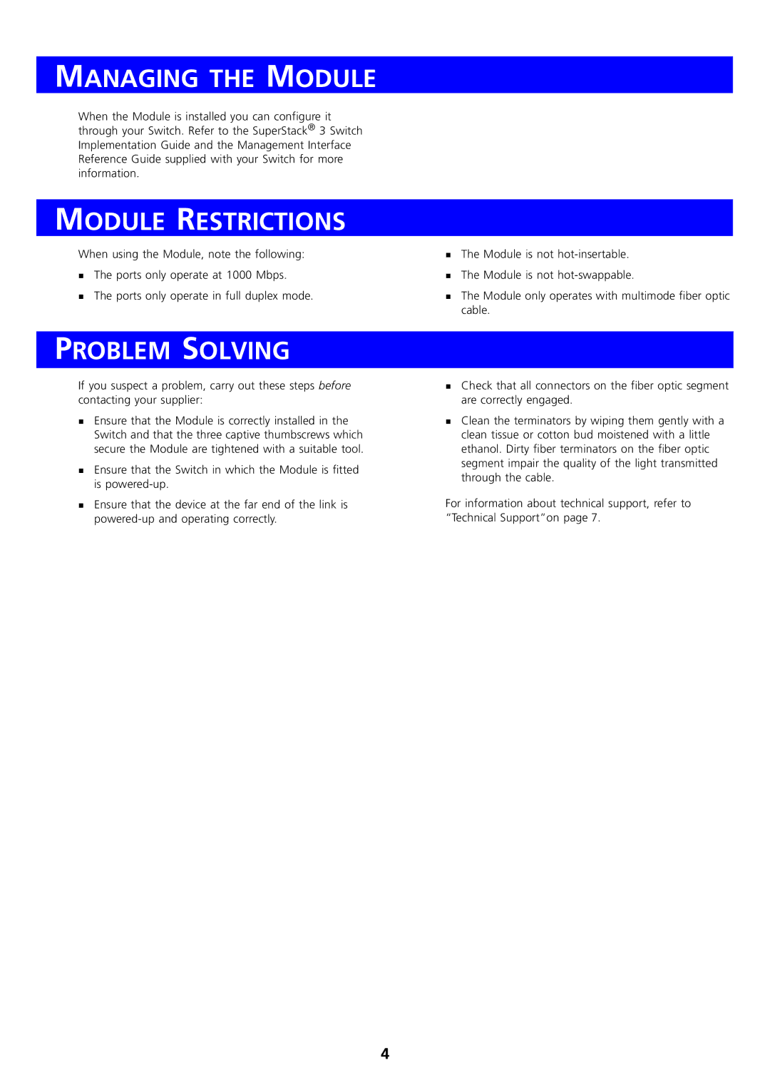 3Com DUA1771-0AAA01 manual Managing the Module, Module Restrictions, Problem Solving 