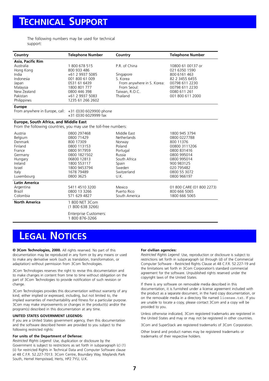 3Com DUA1771-0AAA01 manual Technical Support, Legal Notices, Following numbers may be used for technical support 