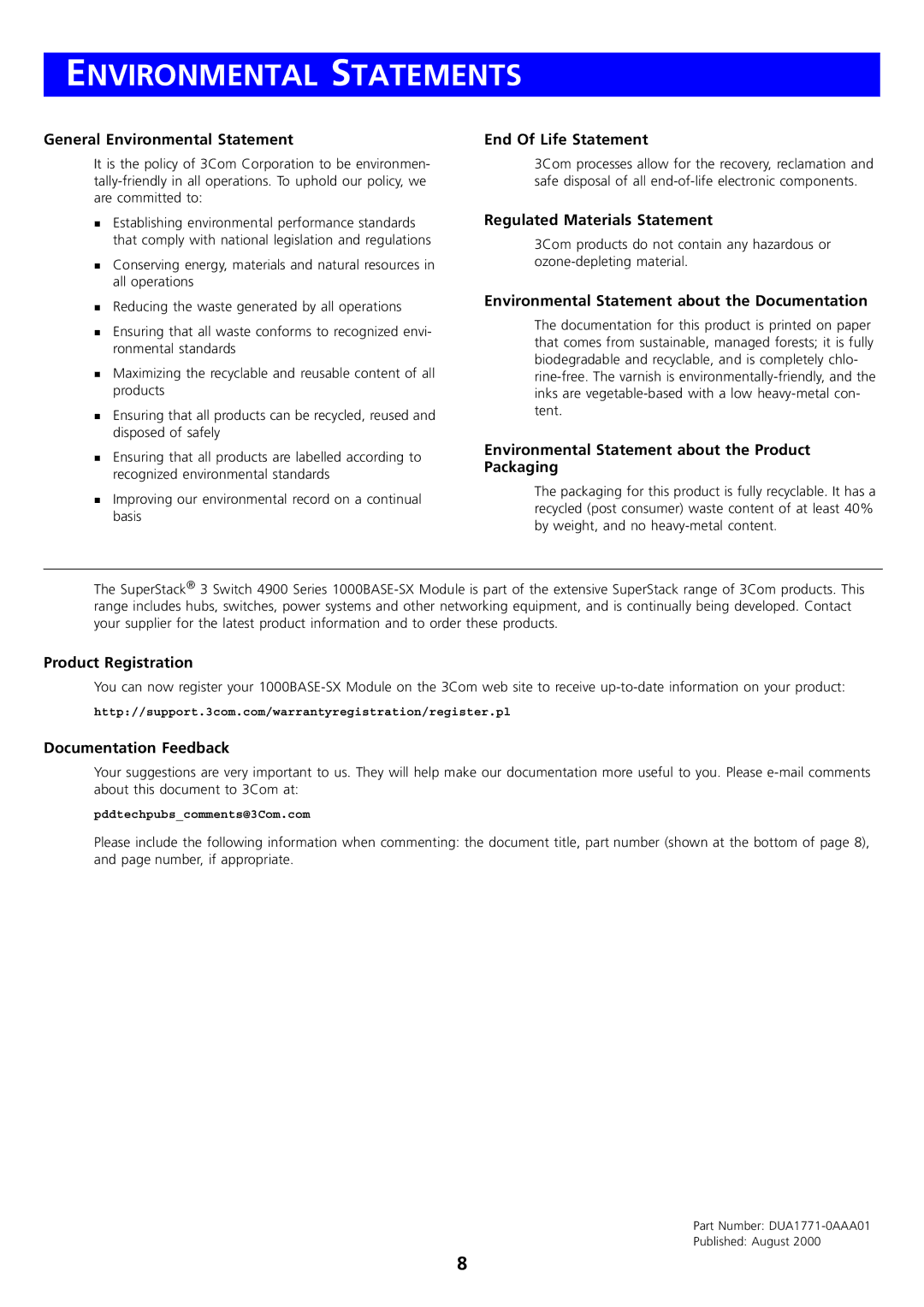 3Com DUA1771-0AAA01 manual Environmental Statements 