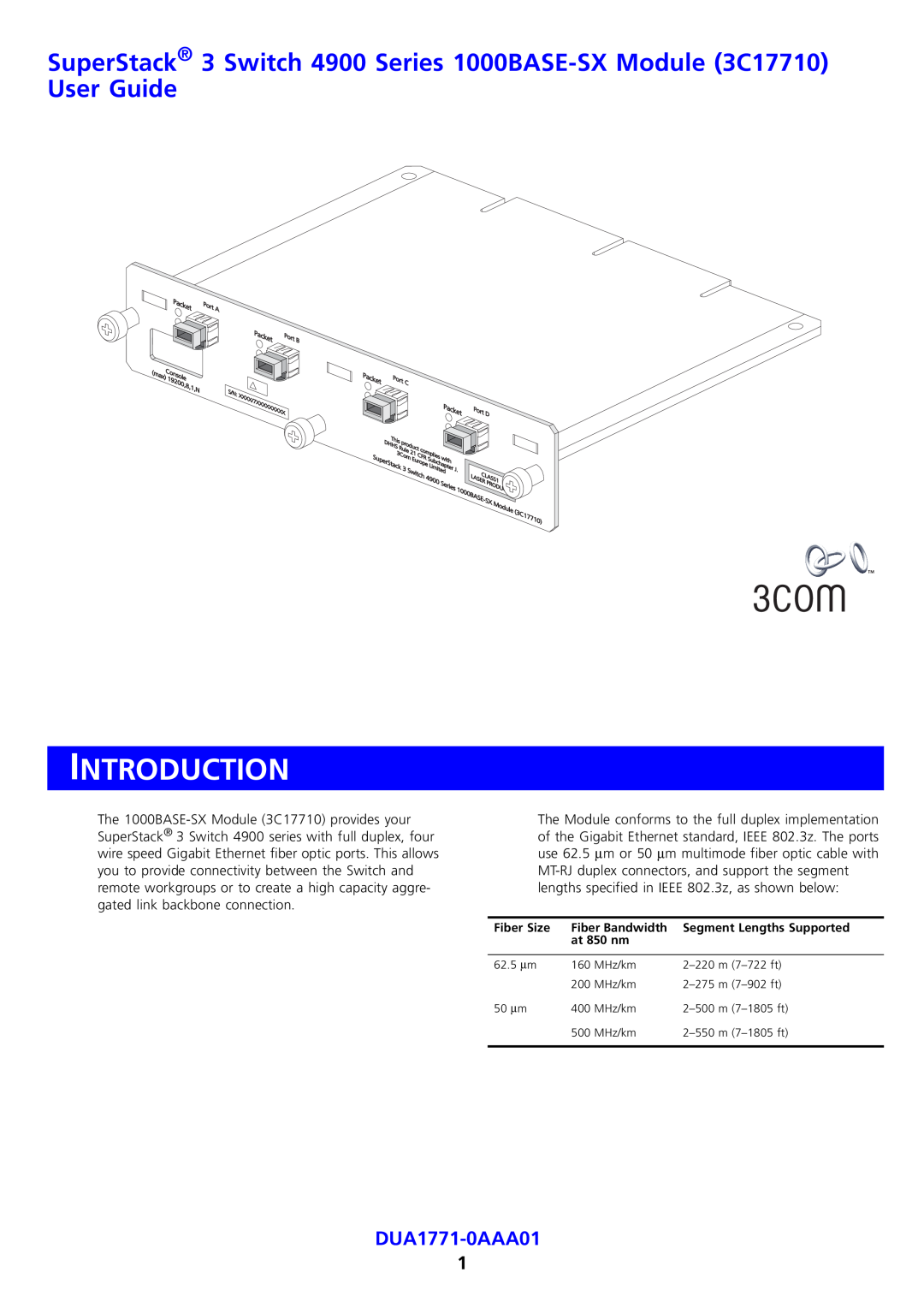 3Com DUA1771-0AAA01 manual Introduction, SuperStack 3 Switch 4900 Series 1000BASE-SX Module 3C17710 User Guide 