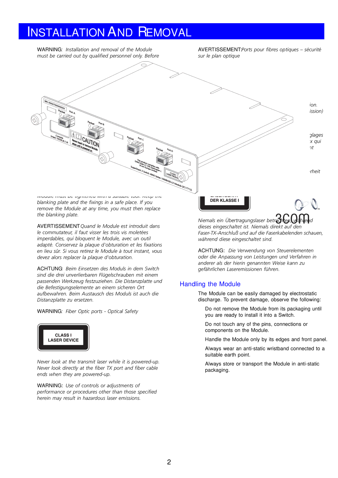 3Com DUA1771-2AAA01 manual Installation and Removal, Handling the Module 