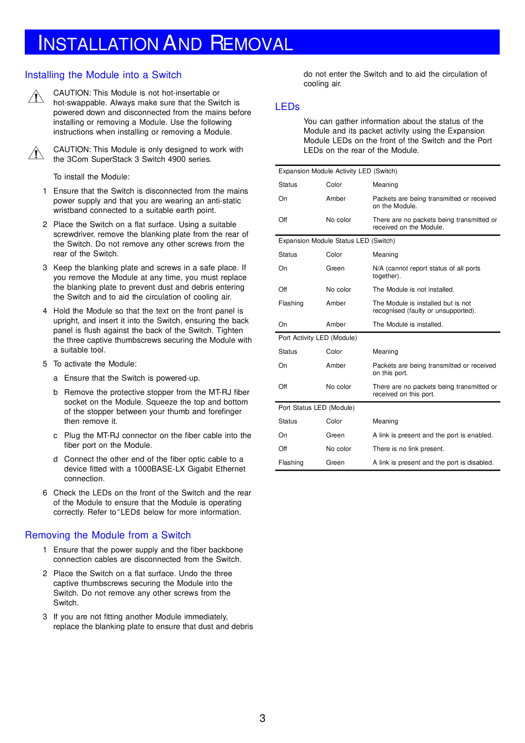 3Com DUA1771-2AAA01 manual Installing the Module into a Switch, Removing the Module from a Switch, LEDs 