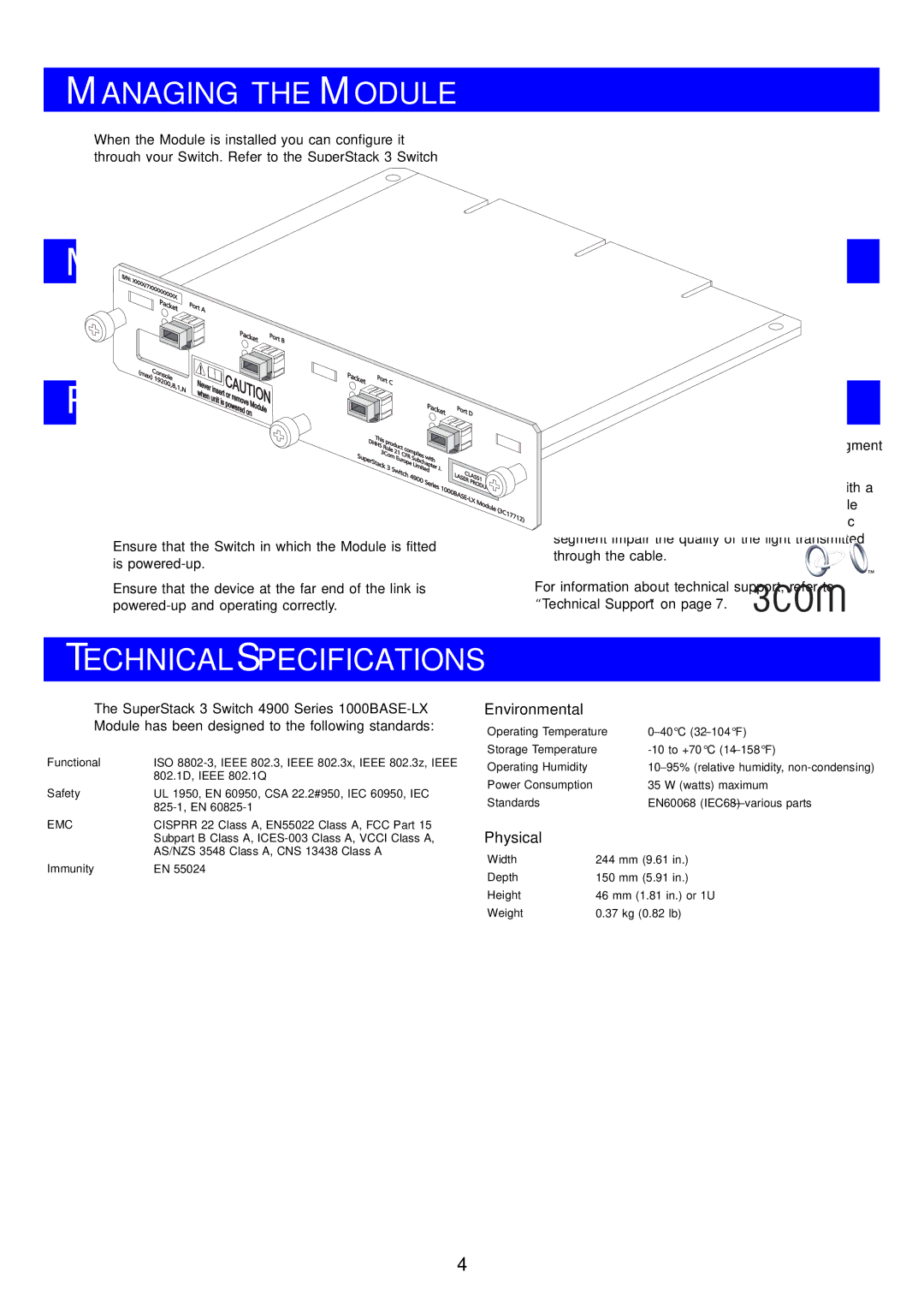 3Com DUA1771-2AAA01 manual Managing the Module, Module Restrictions, Problem Solving, Technical Specifications 