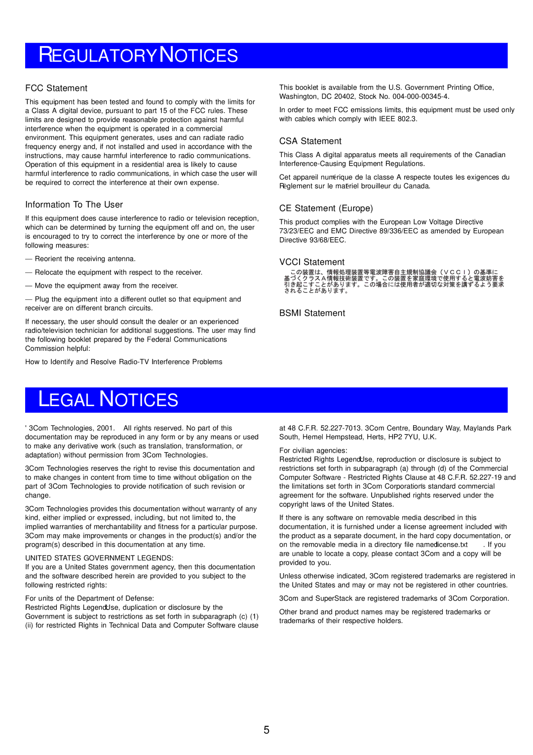 3Com DUA1771-2AAA01 manual Regulatory Notices, Legal Notices 