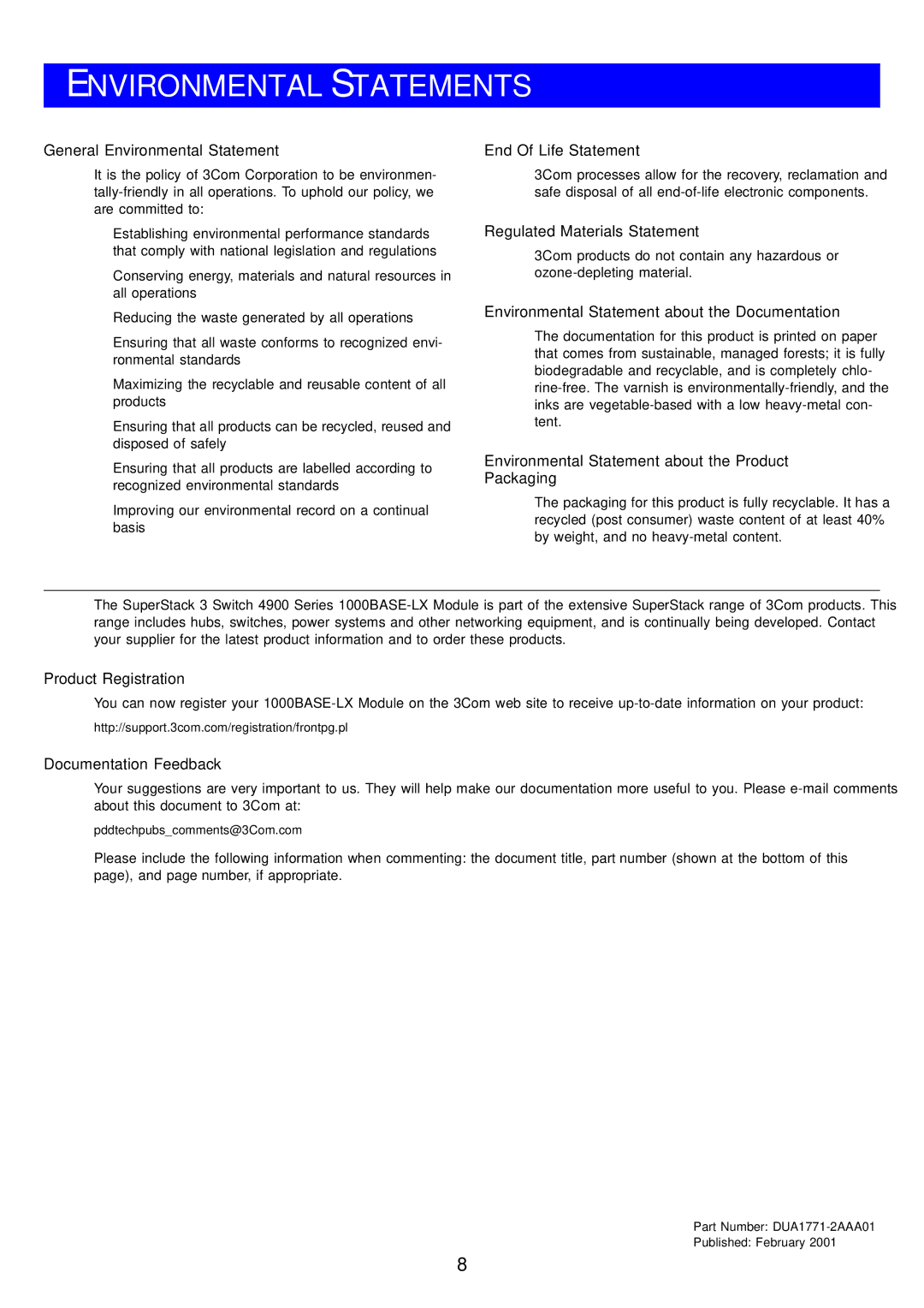 3Com DUA1771-2AAA01 manual Environmental Statements 