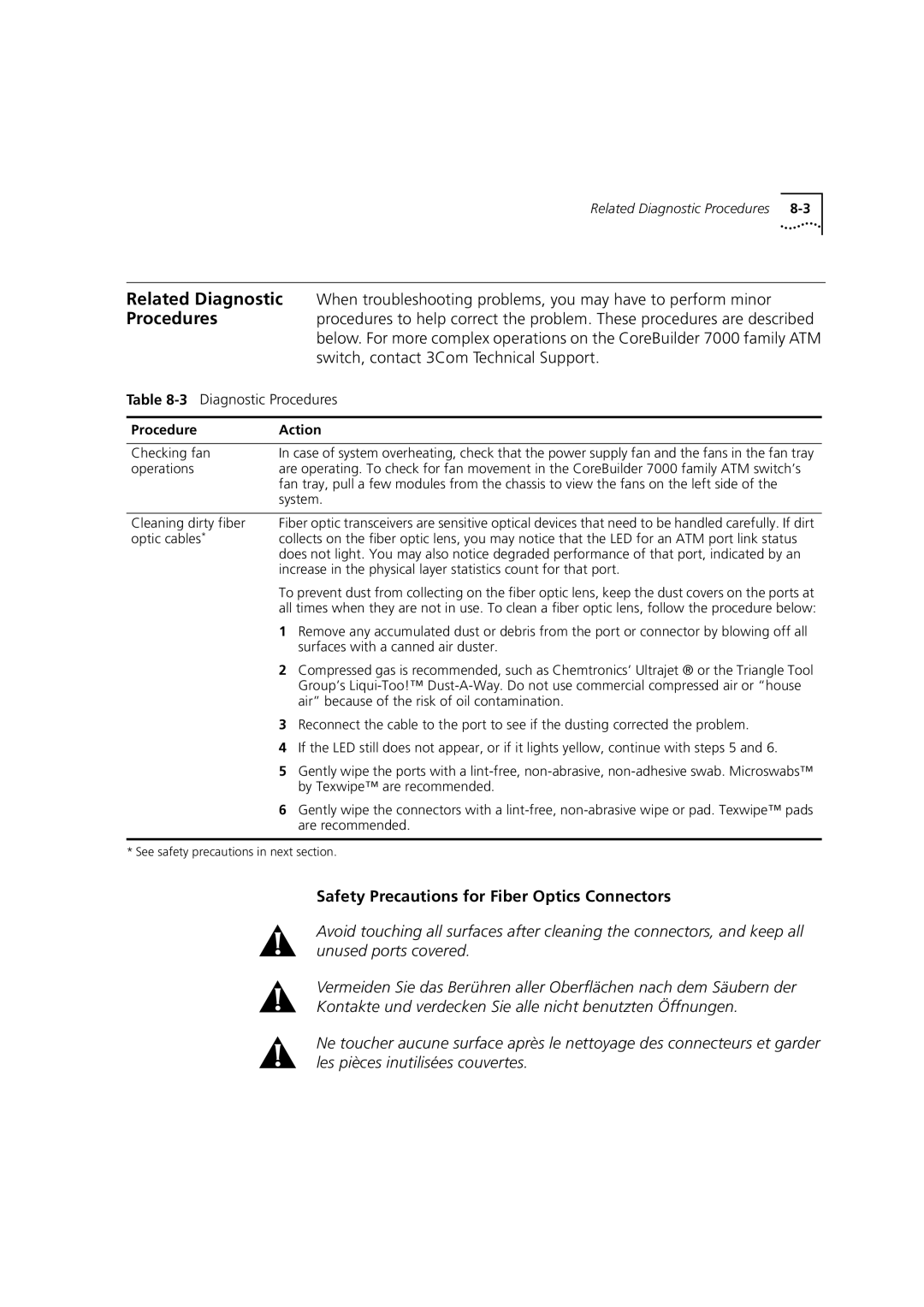 3Com DUA3700-0BAA04 manual Safety Precautions for Fiber Optics Connectors, Procedure Action 