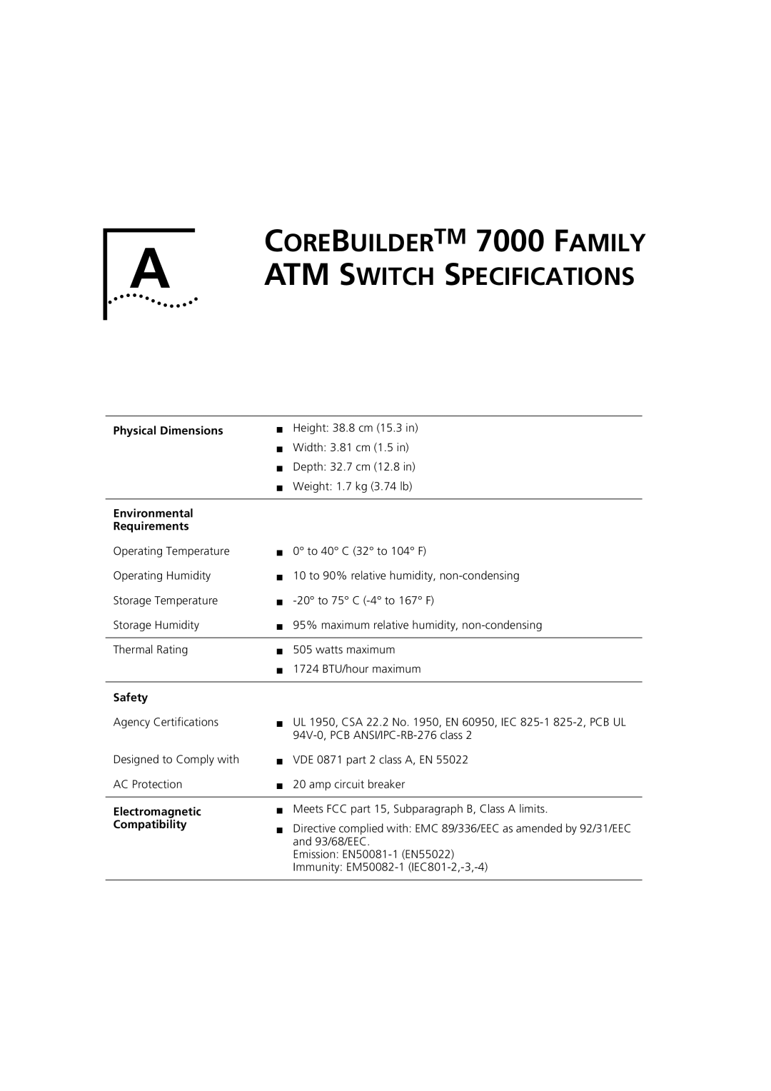 3Com DUA3700-0BAA04 manual Physical Dimensions, Environmental Requirements, Safety, Electromagnetic, Compatibility 