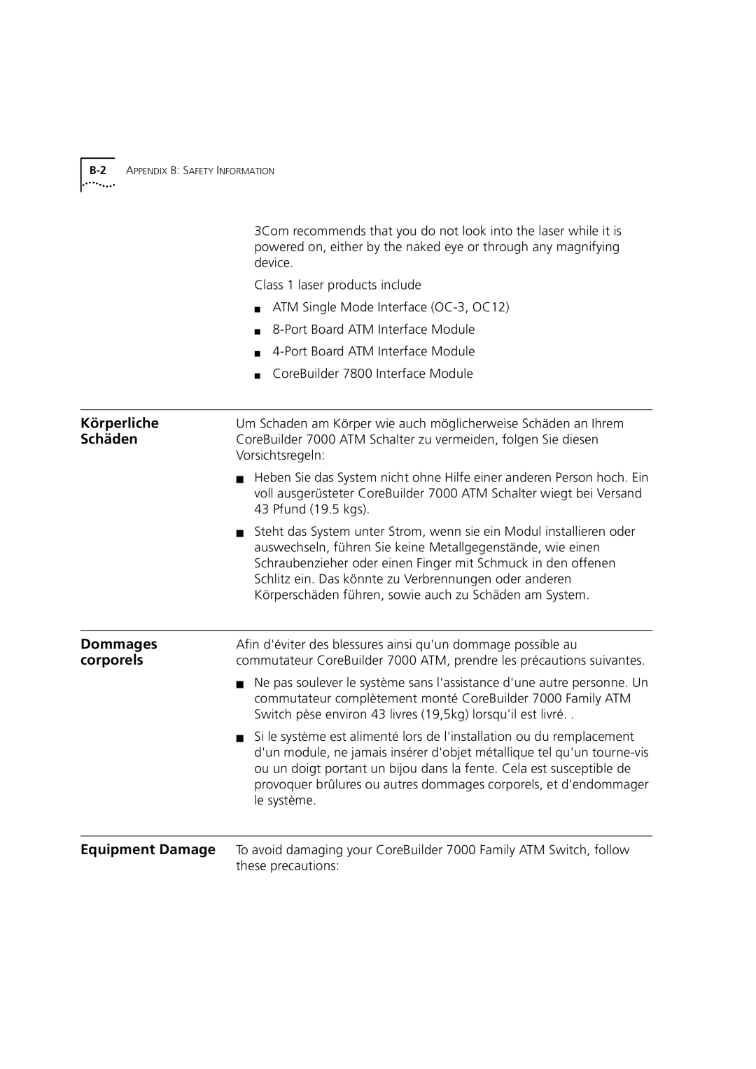 3Com DUA3700-0BAA04 manual Körperliche, Schäden, Dommages, Corporels 