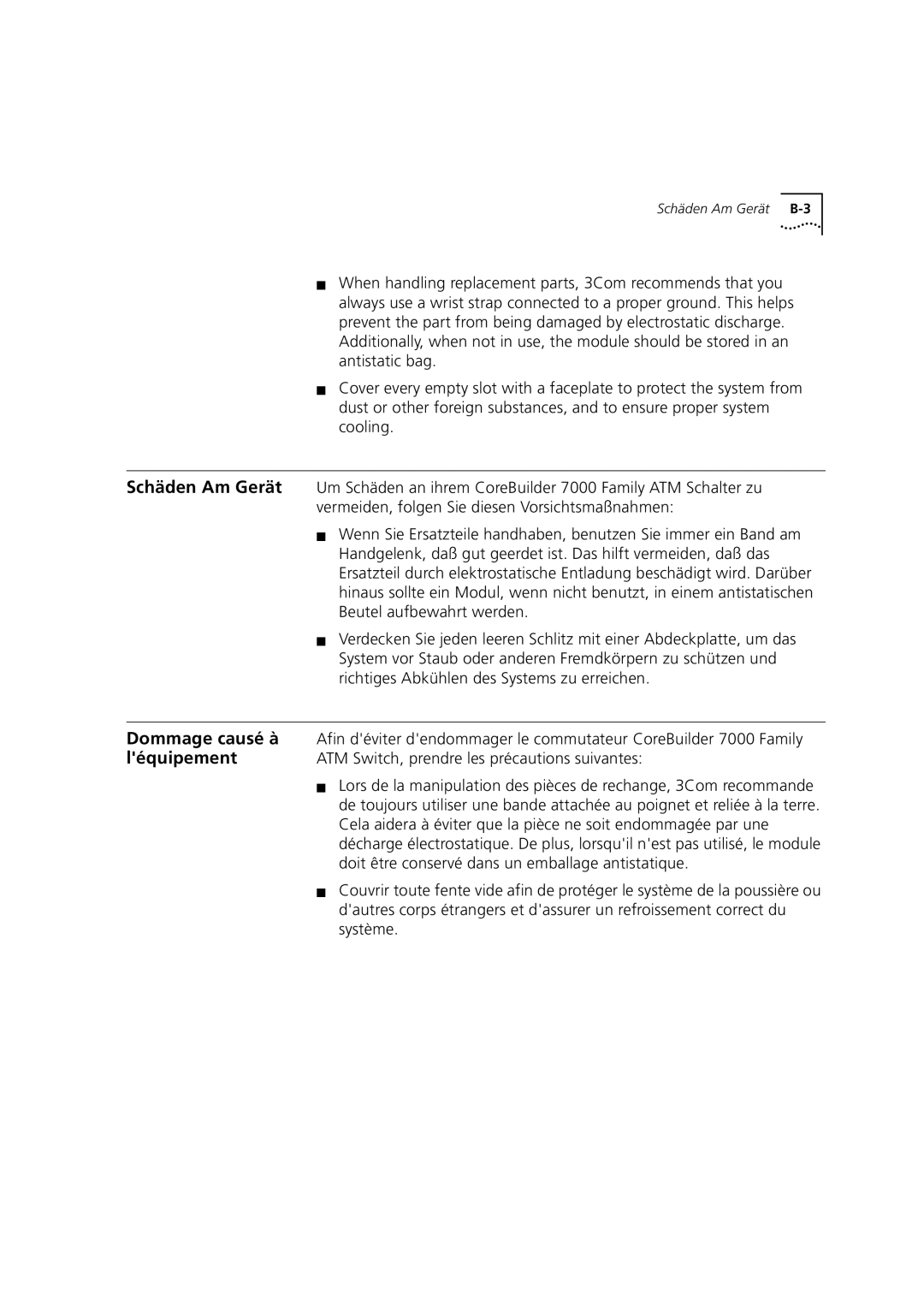 3Com DUA3700-0BAA04 manual Dommage causé à, Léquipement, ATM Switch, prendre les précautions suivantes 