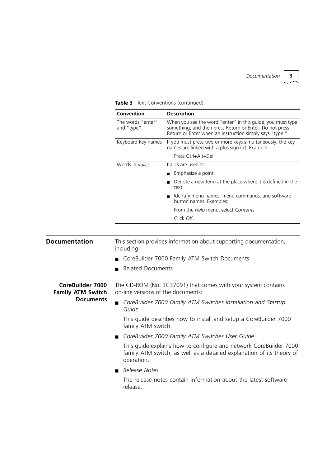 3Com DUA3700-0BAA04 manual Documentation, CoreBuilder Family ATM Switch Documents 