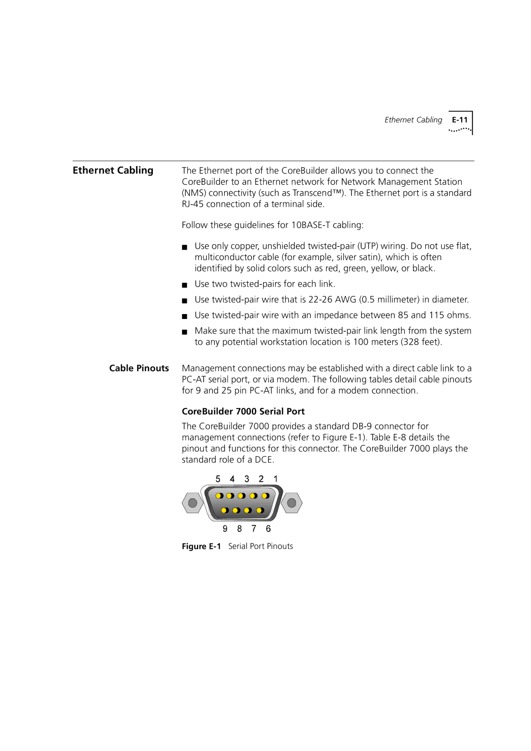 3Com DUA3700-0BAA04 manual CoreBuilder 7000 Serial Port, Figure E-1Serial Port Pinouts 