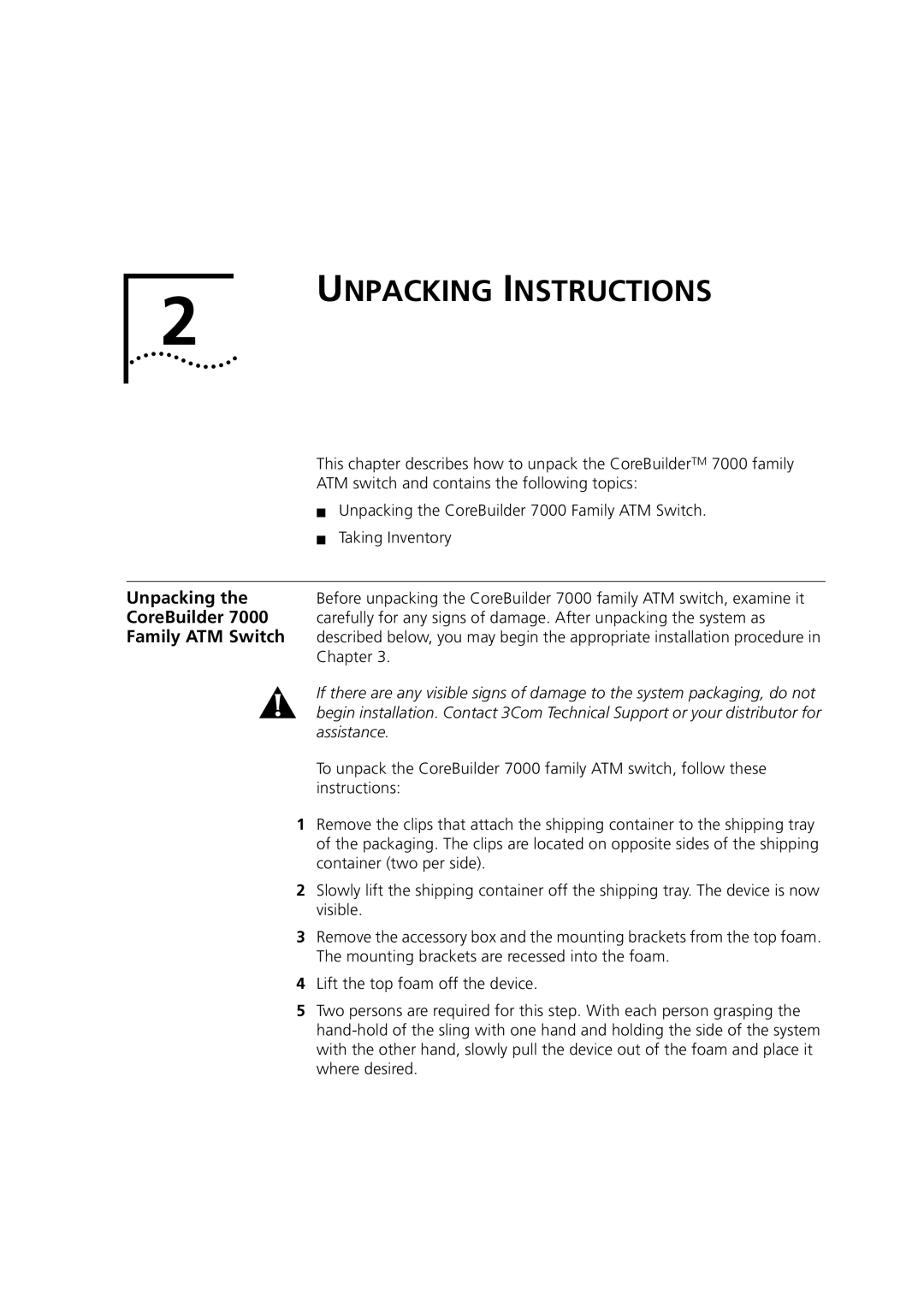 3Com DUA3700-0BAA04 manual Unpacking Instructions, ATM switch and contains the following topics, Taking Inventory 