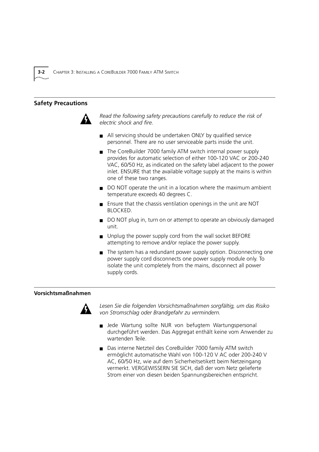 3Com DUA3700-0BAA04 manual Safety Precautions, Vorsichtsmaßnahmen, Wartenden Teile 