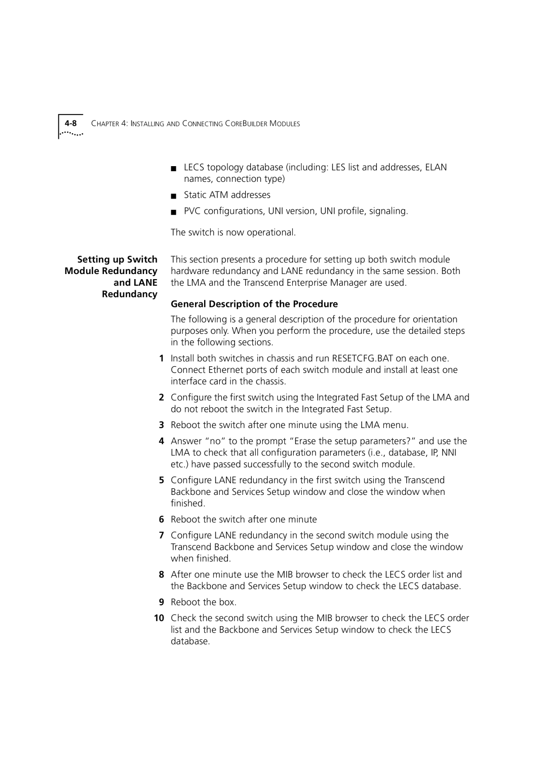 3Com DUA3700-0BAA04 manual Redundancy General Description of the Procedure 