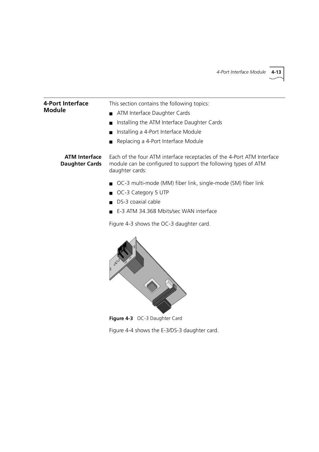 3Com DUA3700-0BAA04 manual Port Interface Module, ATM Interface Daughter Cards 