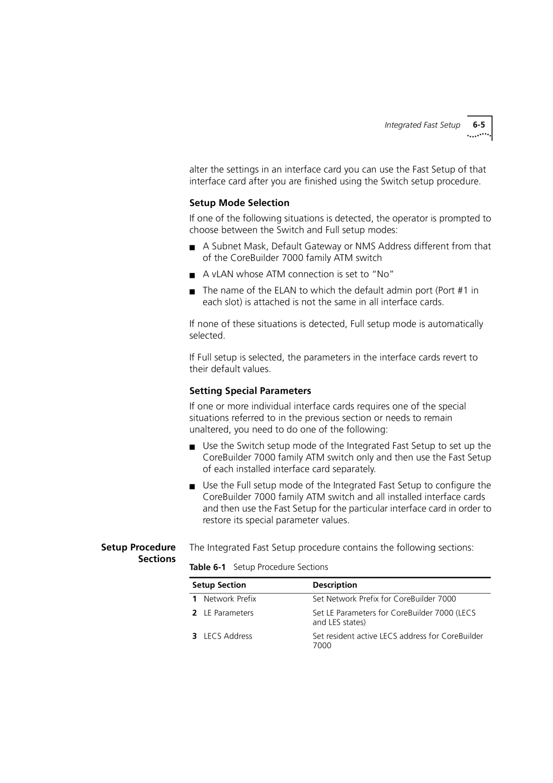 3Com DUA3700-0BAA04 manual Setup Mode Selection, Setting Special Parameters, Sections, Setup Section Description 