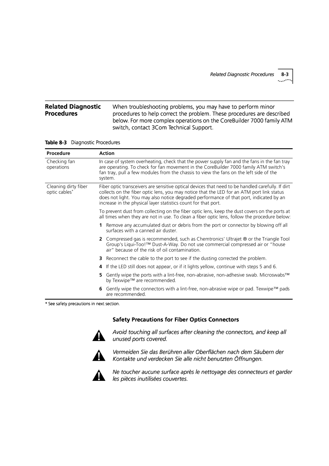 3Com DUA3700-0BAA04 manual Safety Precautions for Fiber Optics Connectors 