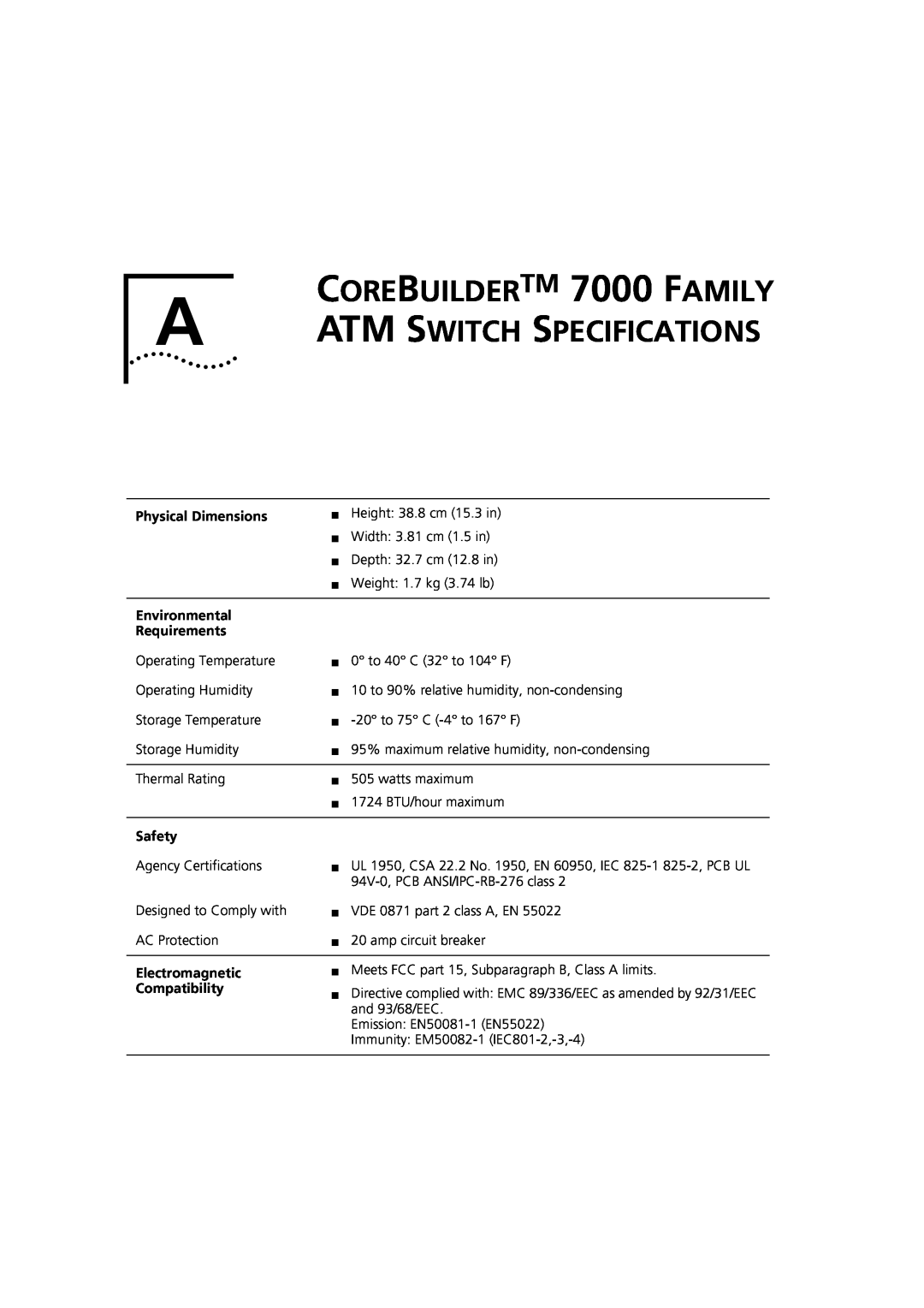 3Com DUA3700-0BAA04 manual CORE BUILDER TM 7000 FAMILY, Atm Switch Specifications 