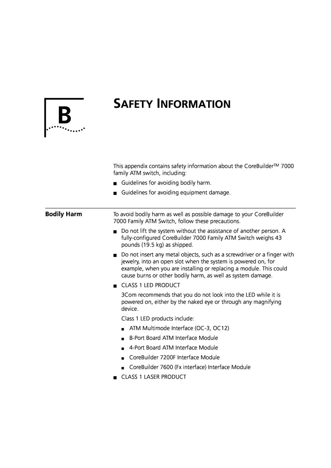 3Com DUA3700-0BAA04 manual Safety Information, Bodily Harm 