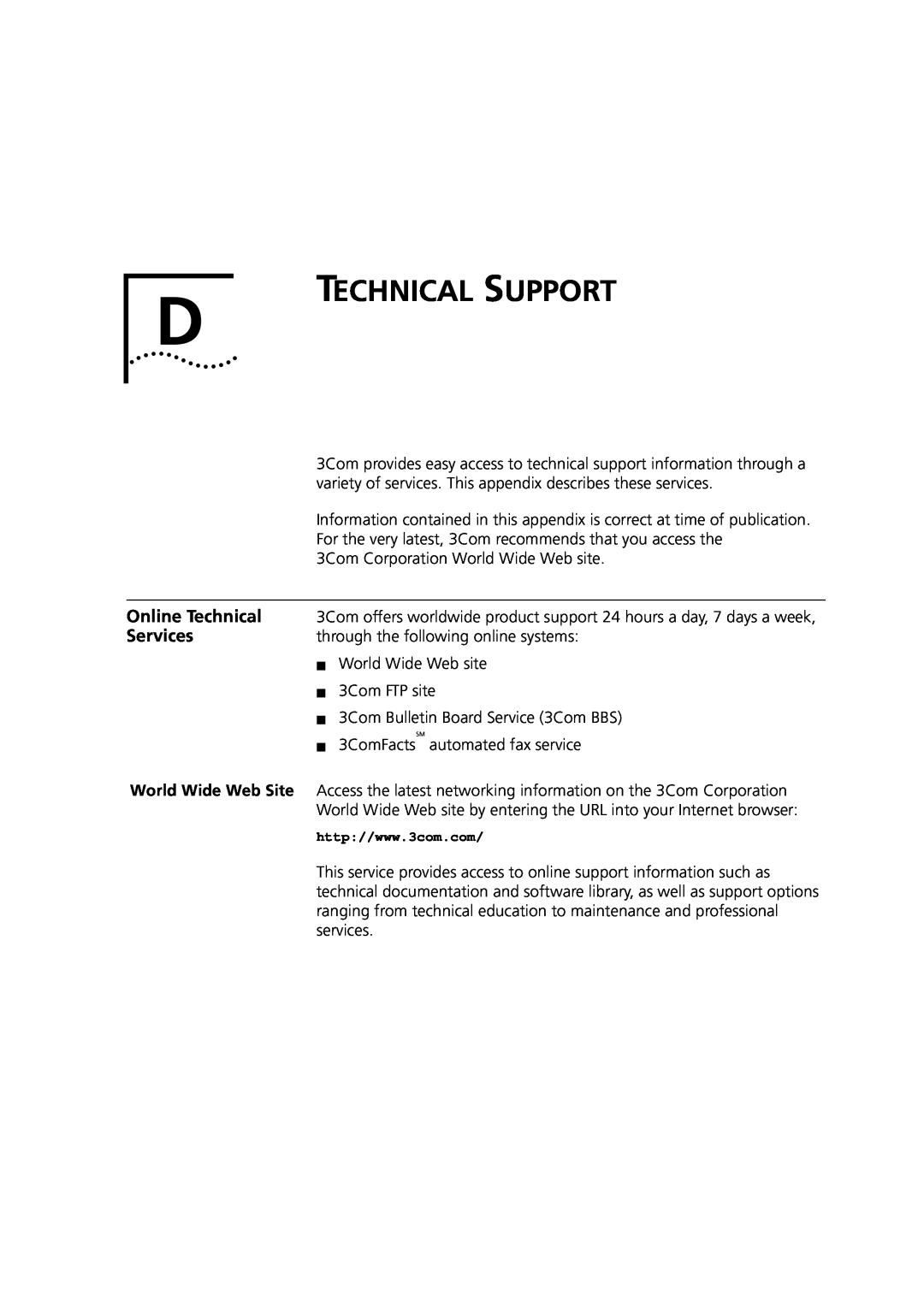 3Com DUA3700-0BAA04 manual Technical Support, Online Technical, Services 